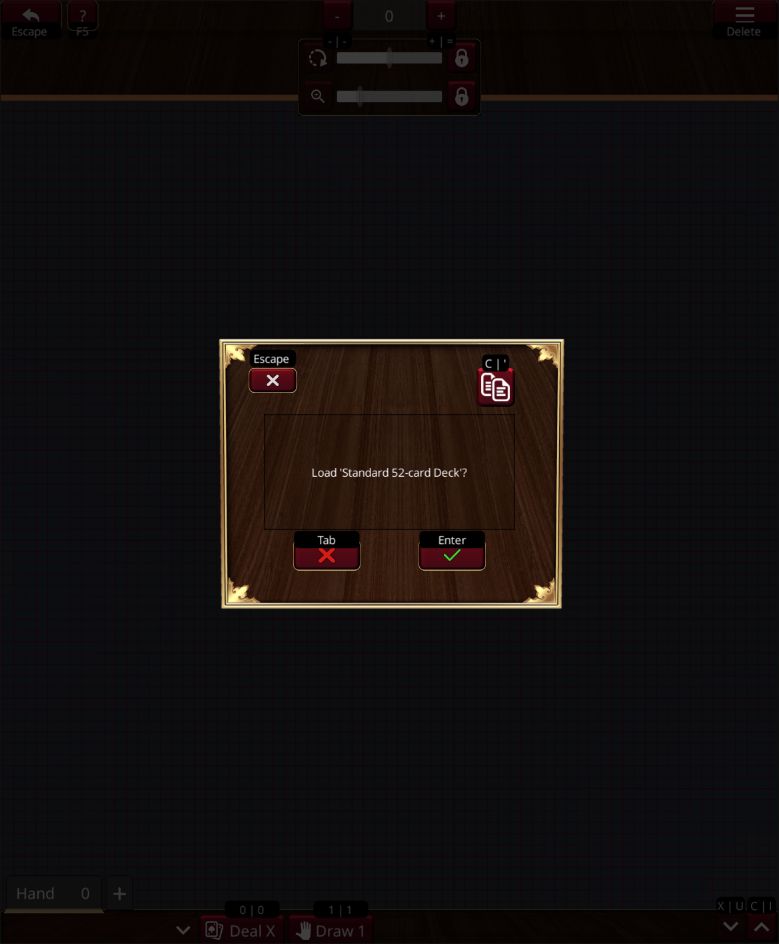 Prompt asking to load Standard 52-card Deck, with a red cancel button and a green confirmation checkmark.