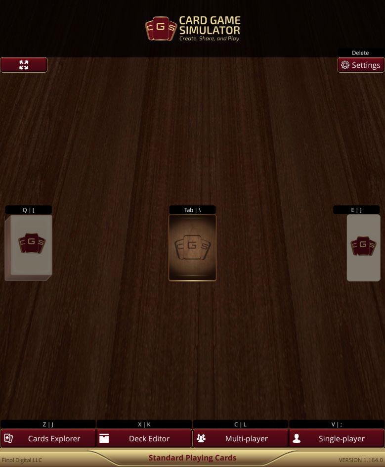 CGS main menu with Standard Playing Cards selected and the Single-player and Multi-player buttons along the bottom.