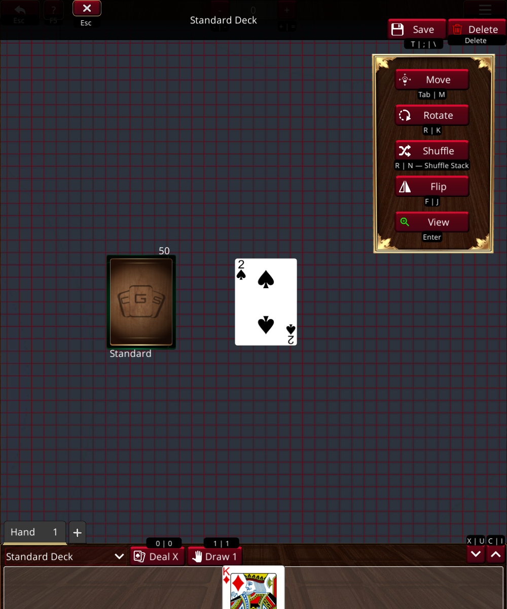 The deck stack selected, with Move, Rotate, Shuffle, Flip, and View actions at right and the Shuffle Stack tooltip below its button.